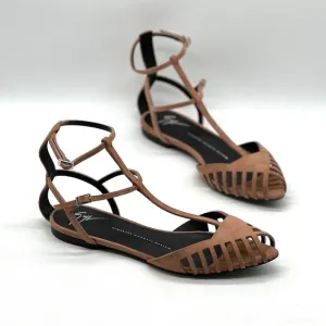 GIUSEPPE ZANOTTI Cut Out Leather Flat Sandals Women 39 8.5 Camel Ankle Strap