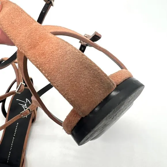 GIUSEPPE ZANOTTI Cut Out Leather Flat Sandals Women 39 8.5 Camel Ankle Strap
