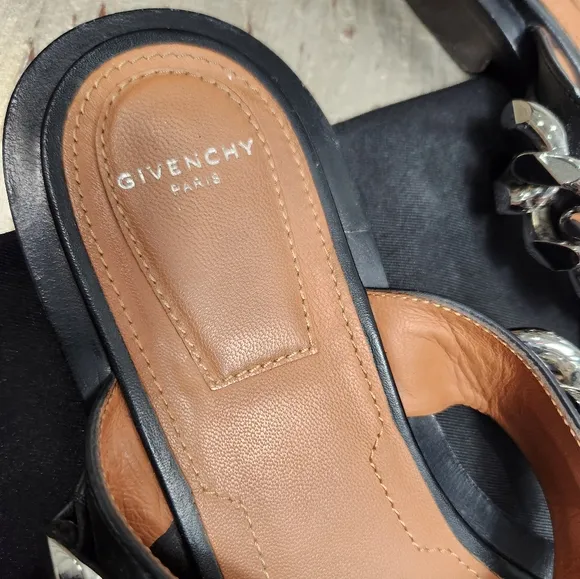 Givenchy Black Flat Double Silver‎ Chain Strap Slide on Sandals 36