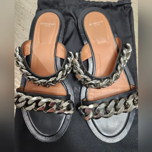Givenchy Black Flat Double Silver‎ Chain Strap Slide on Sandals 36