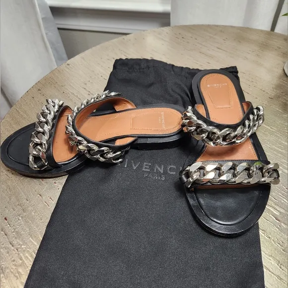 Givenchy Black Flat Double Silver‎ Chain Strap Slide on Sandals 36