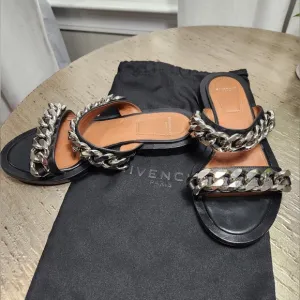 Givenchy Black Flat Double Silver‎ Chain Strap Slide on Sandals 36