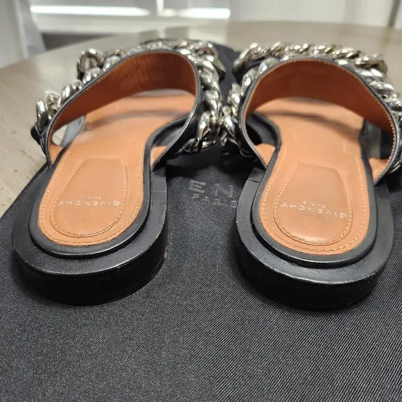Givenchy Black Flat Double Silver‎ Chain Strap Slide on Sandals 36
