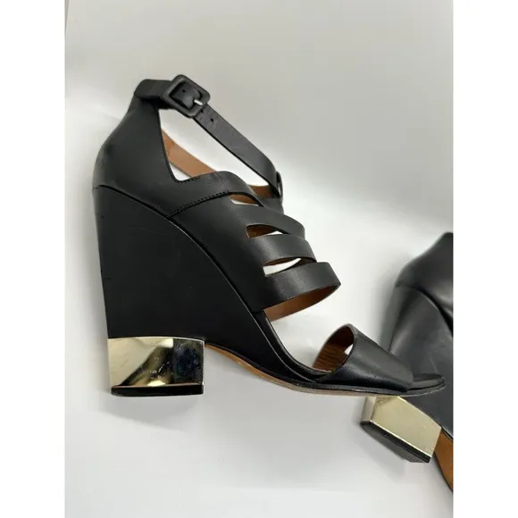 GIVENCHY Size 40.5 EU/ 10 US Black Leather Metal Wedge Cage Bootie/Sandals
