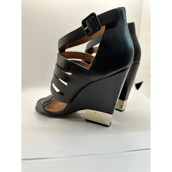 GIVENCHY Size 40.5 EU/ 10 US Black Leather Metal Wedge Cage Bootie/Sandals