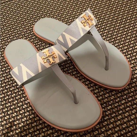 Green/ Gray Leather Tory Burch Mini Everly Flat Sandals with Gold Accents Size 7