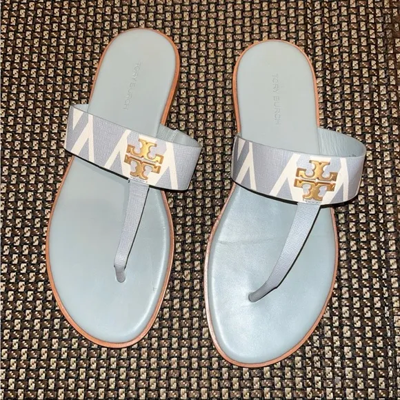 Green/ Gray Leather Tory Burch Mini Everly Flat Sandals with Gold Accents Size 7
