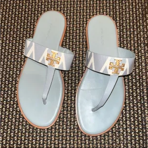 Green/ Gray Leather Tory Burch Mini Everly Flat Sandals with Gold Accents Size 7