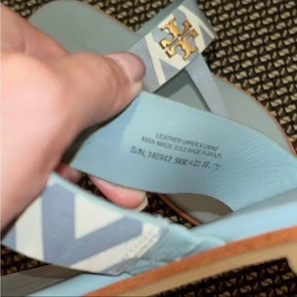 Green/ Gray Leather Tory Burch Mini Everly Flat Sandals with Gold Accents Size 7