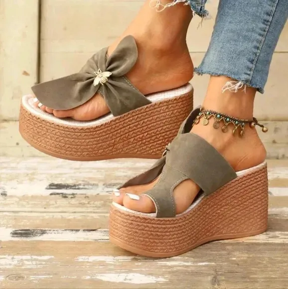 Grey Slip-On Bowknot Design Lightweight Platform Wedge Sandals For Women, Summer