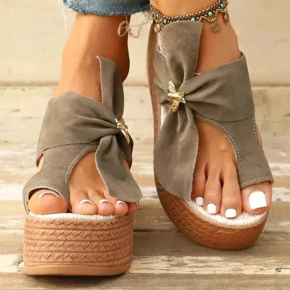 Grey Slip-On Bowknot Design Lightweight Platform Wedge Sandals For Women, Summer