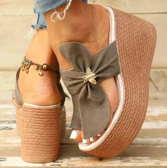Grey Slip-On Bowknot Design Lightweight Platform Wedge Sandals For Women, Summer