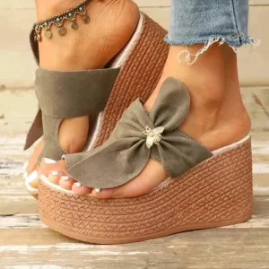 Grey Slip-On Bowknot Design Lightweight Platform Wedge Sandals For Women, Summer