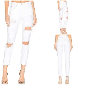 GRLFRND Karolina Distressed White Denim Jeans Button Fly • NWT