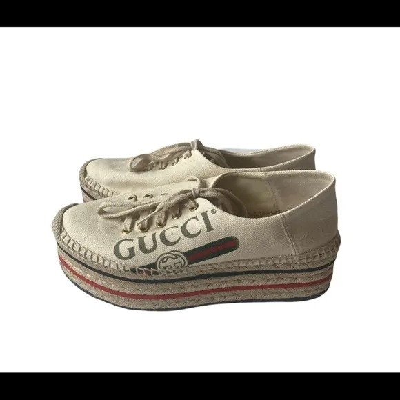 Gucci Cream Logo Print Platform Espadrilles Flats