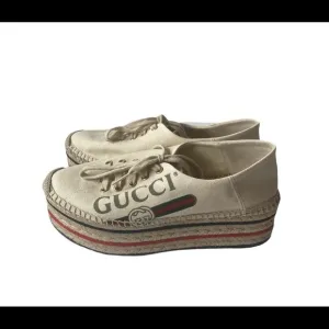 Gucci Cream Logo Print Platform Espadrilles Flats