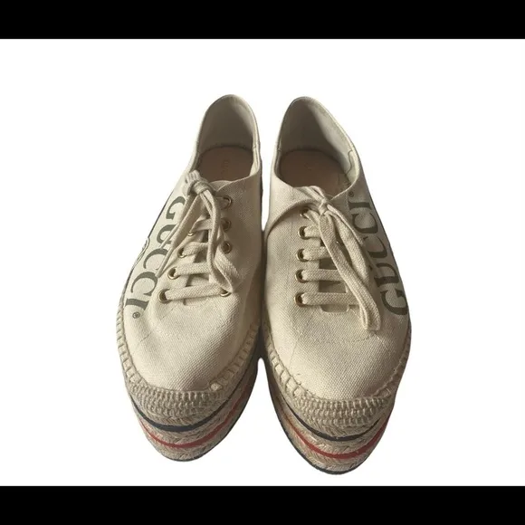 Gucci Cream Logo Print Platform Espadrilles Flats