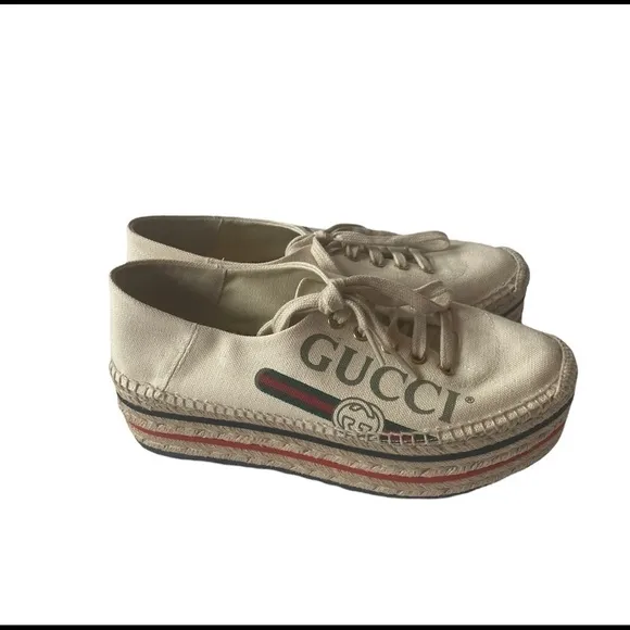 Gucci Cream Logo Print Platform Espadrilles Flats