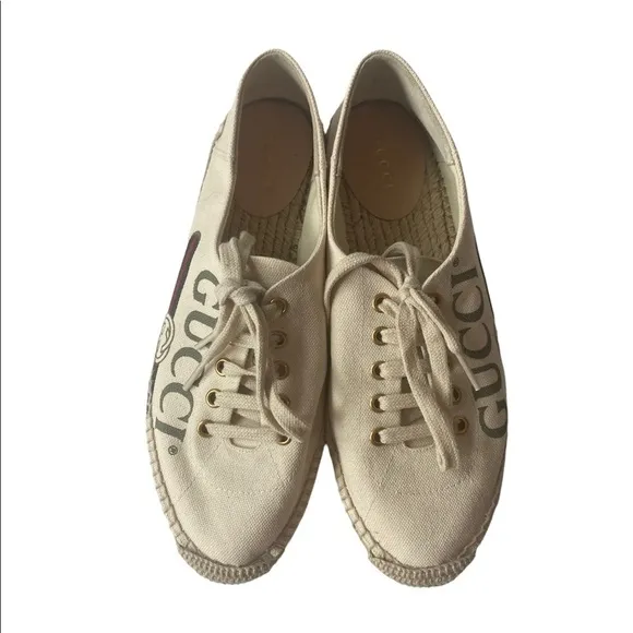 Gucci Cream Logo Print Platform Espadrilles Flats