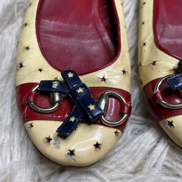 Gucci Womens Ballet Flats Horsebit yellow burgundy patent