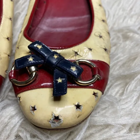 Gucci Womens Ballet Flats Horsebit yellow burgundy patent