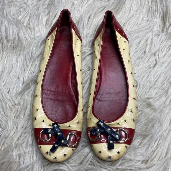 Gucci Womens Ballet Flats Horsebit yellow burgundy patent