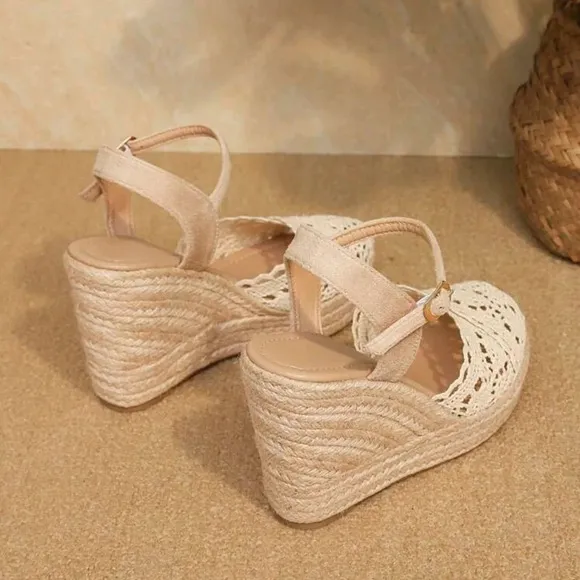 High Heel Straw Woven Platform Sandals, Hollow Out Round Toe Fisherman Shoes