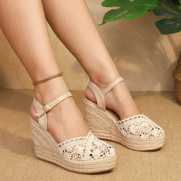 High Heel Straw Woven Platform Sandals, Hollow Out Round Toe Fisherman Shoes
