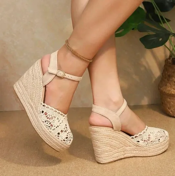 High Heel Straw Woven Platform Sandals, Hollow Out Round Toe Fisherman Shoes