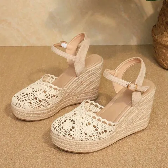 High Heel Straw Woven Platform Sandals, Hollow Out Round Toe Fisherman Shoes