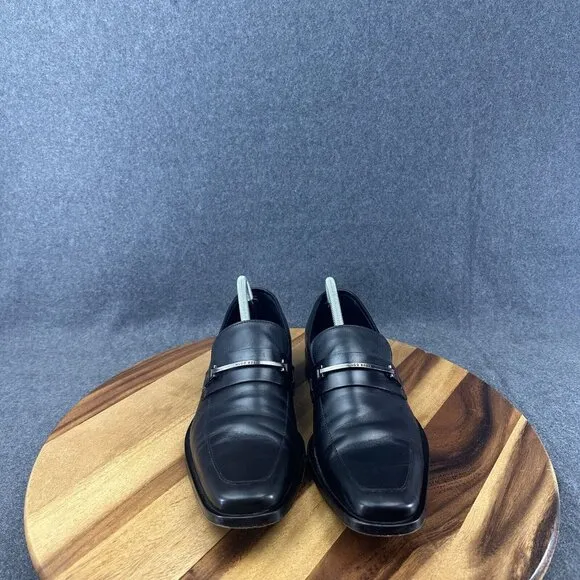 Hugo Boss Men's Carl Dress Loafers Shoes Size 8 Black Leather Logo Slip-On