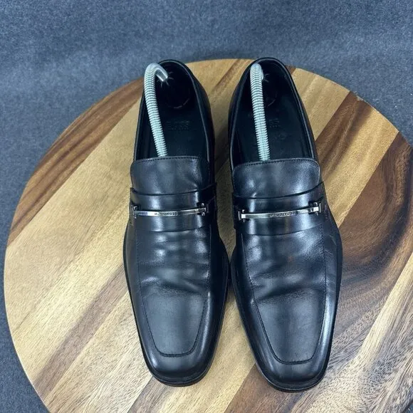 Hugo Boss Men's Carl Dress Loafers Shoes Size 8 Black Leather Logo Slip-On