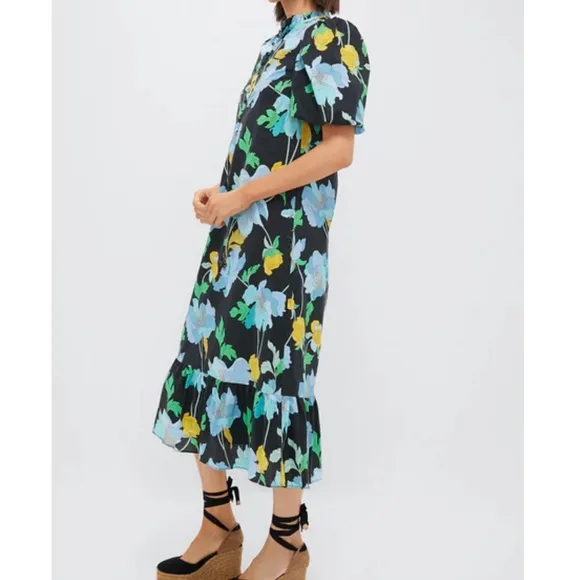 HYACINTH HOUSE Black &amp; Airy Blue Floral Mimi Midi Dress NEW