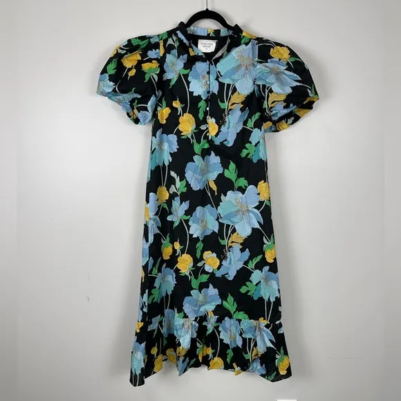 HYACINTH HOUSE Black &amp; Airy Blue Floral Mimi Midi Dress NEW