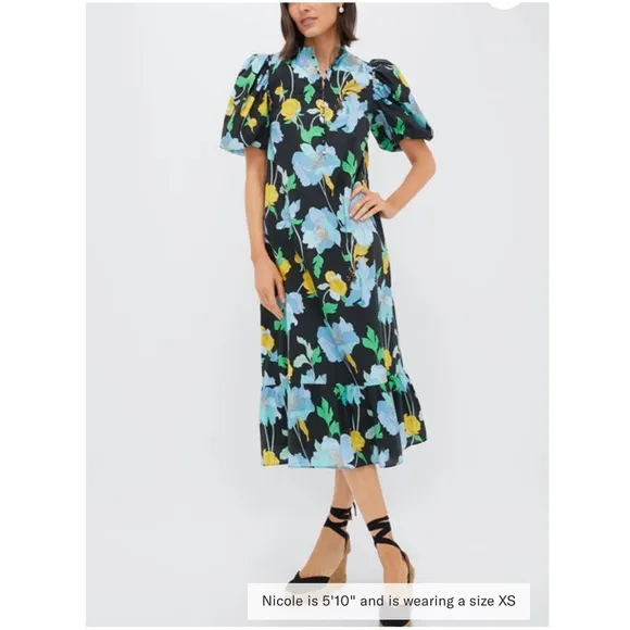 HYACINTH HOUSE Black &amp; Airy Blue Floral Mimi Midi Dress NEW