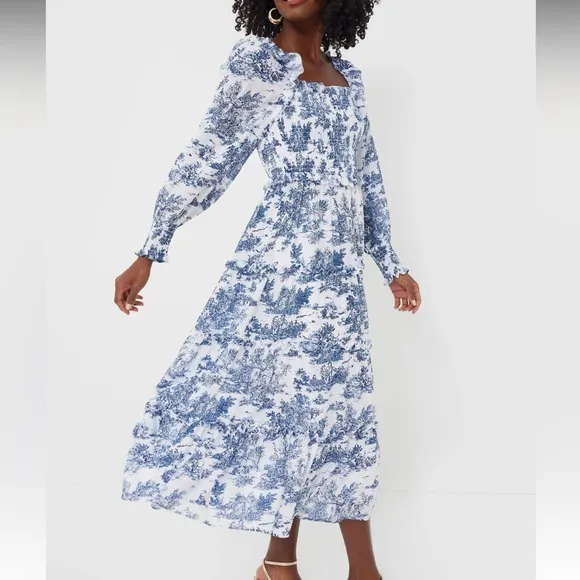 HYACINTH HOUSEBlue Toile Long Sleeve Georgina Midi Dress