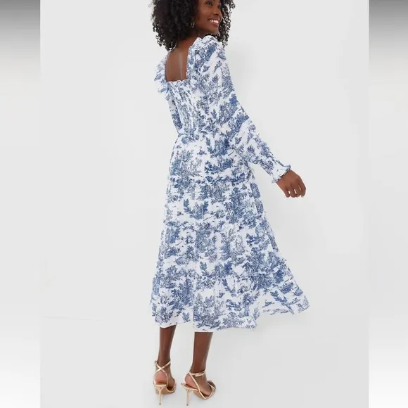 HYACINTH HOUSEBlue Toile Long Sleeve Georgina Midi Dress