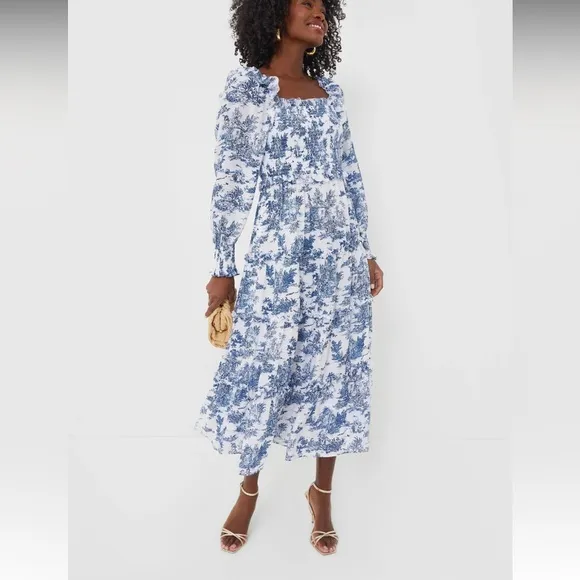 HYACINTH HOUSEBlue Toile Long Sleeve Georgina Midi Dress