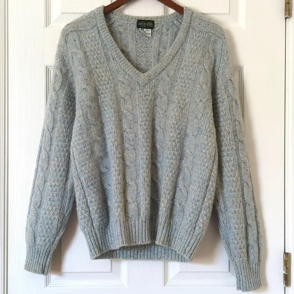 Izod 80's Vintage Speckle Wool Blend Chunky Cable Knit V-neck Aran Sweater Blue