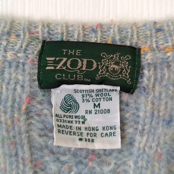 Izod 80's Vintage Speckle Wool Blend Chunky Cable Knit V-neck Aran Sweater Blue