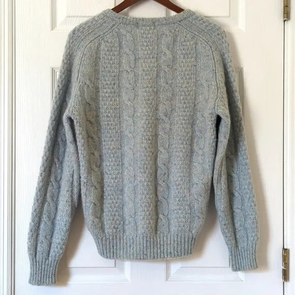 Izod 80's Vintage Speckle Wool Blend Chunky Cable Knit V-neck Aran Sweater Blue
