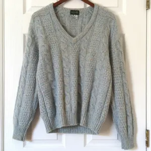 Izod 80's Vintage Speckle Wool Blend Chunky Cable Knit V-neck Aran Sweater Blue
