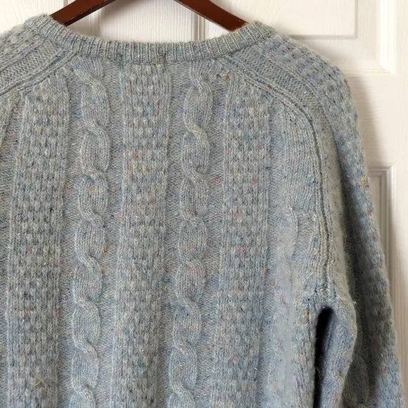 Izod 80's Vintage Speckle Wool Blend Chunky Cable Knit V-neck Aran Sweater Blue