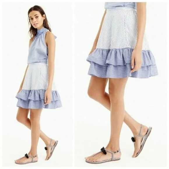 J. Crew 100% Cotton White &amp; Blue Mini Ruffle Skirt