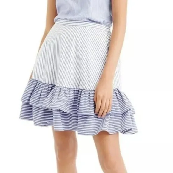 J. Crew 100% Cotton White &amp; Blue Mini Ruffle Skirt