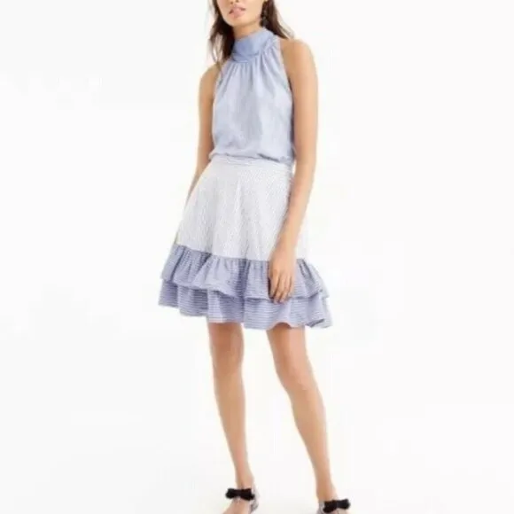 J. Crew 100% Cotton White &amp; Blue Mini Ruffle Skirt