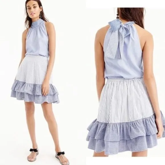 J. Crew 100% Cotton White &amp; Blue Mini Ruffle Skirt