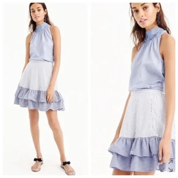 J. Crew 100% Cotton White &amp; Blue Mini Ruffle Skirt