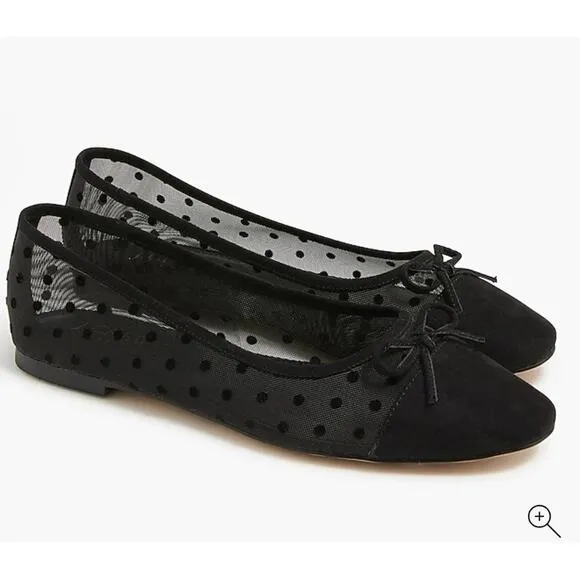 J. Crew Factory Mesh Cap Toe Ballet Flats Size 8 Black New CA776 polka dot