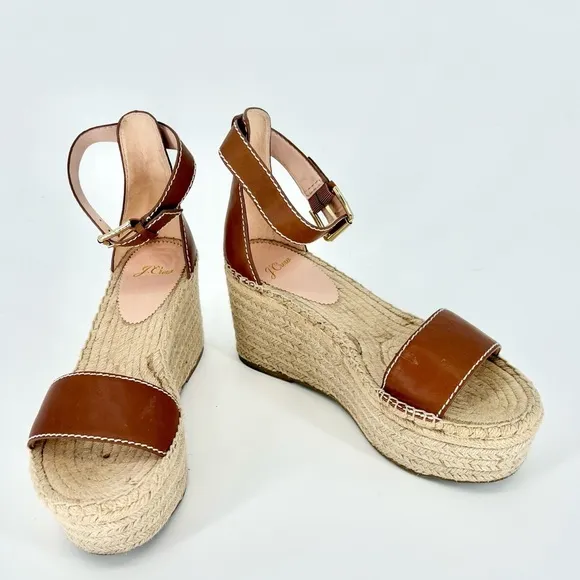 J CREW Leather Platform Wedge Espadrilles in Burnished Pecan